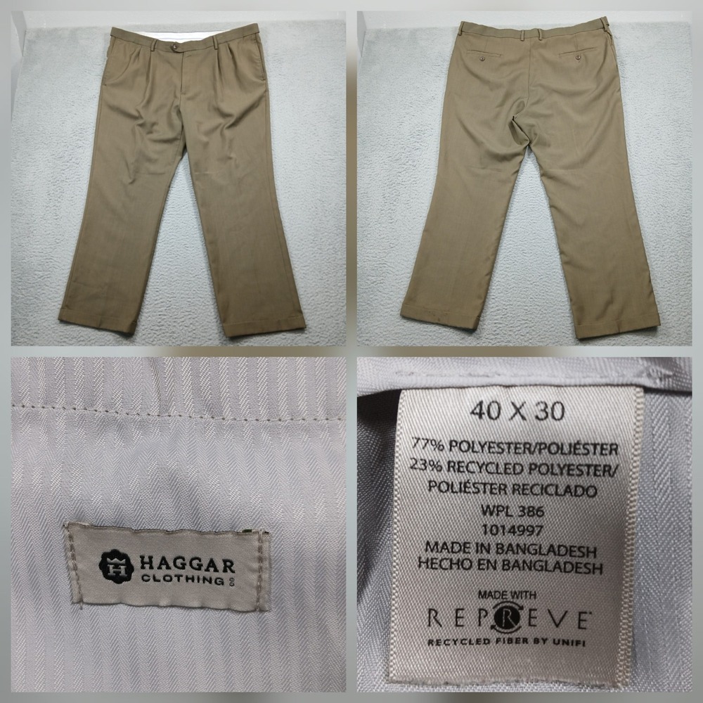 Haggar Dress Pants Mens 40x30 Tan Khaki Flat Front Repreve Slacks